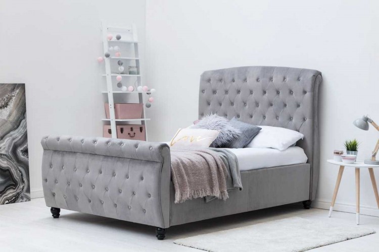 Sleep Design Hampton 4ft6 Double Grey Velvet Sleigh Bed Frame by UK Bed