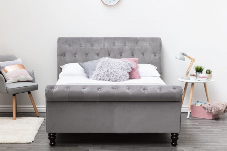 Sleep Design Lambeth 4ft6 Double Grey Velvet Sleigh Bed Frame by Sleep