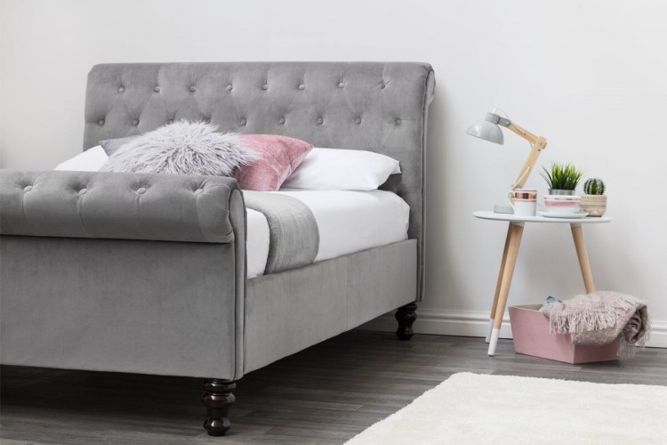 Sleep Design Lambeth 4ft6 Double Grey Velvet Sleigh Bed Frame by Sleep