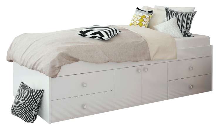 White platform bed with store drawers full