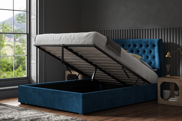 Emporia Hampstead 6ft Super Kingsize Blue Velvet Fabric Ottoman Bed by