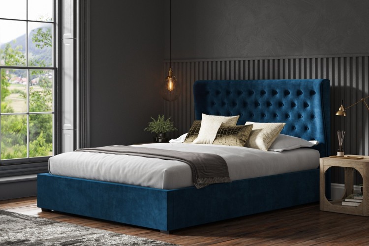 Emporia Hampstead 6ft Super Kingsize Blue Velvet Fabric Ottoman Bed by